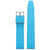 A bright blue perforated silicone watch strap with a silver quick release buckle.