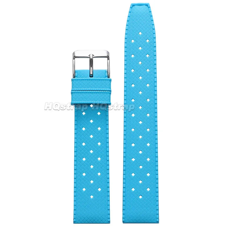A bright blue perforated silicone watch strap with a silver quick release buckle.