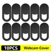 Ten black privacy lens protectors designed to cover webcams on laptops and tablets