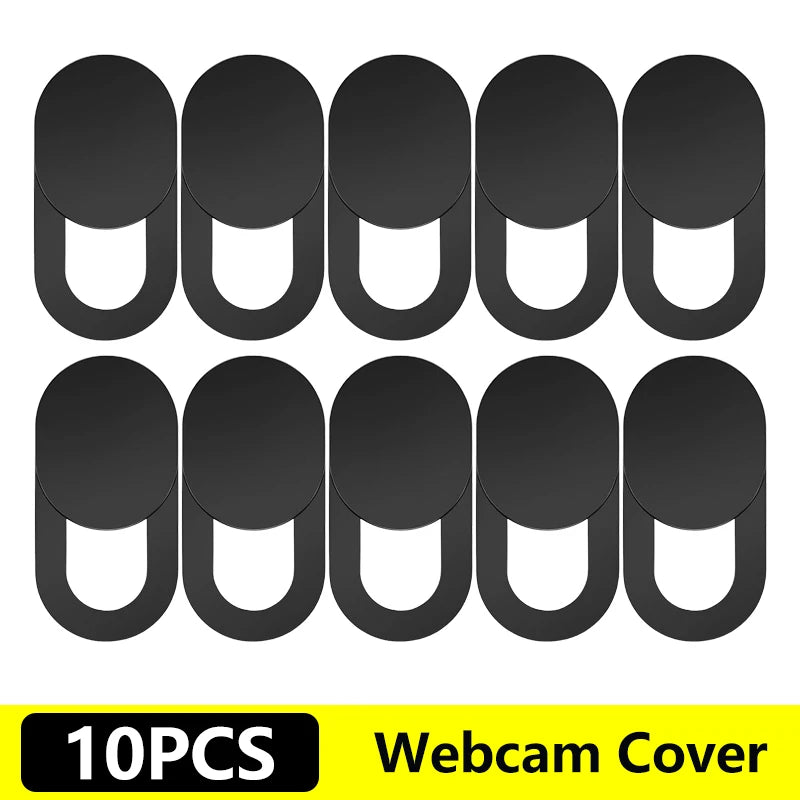 Ten black privacy lens protectors designed to cover webcams on laptops and tablets