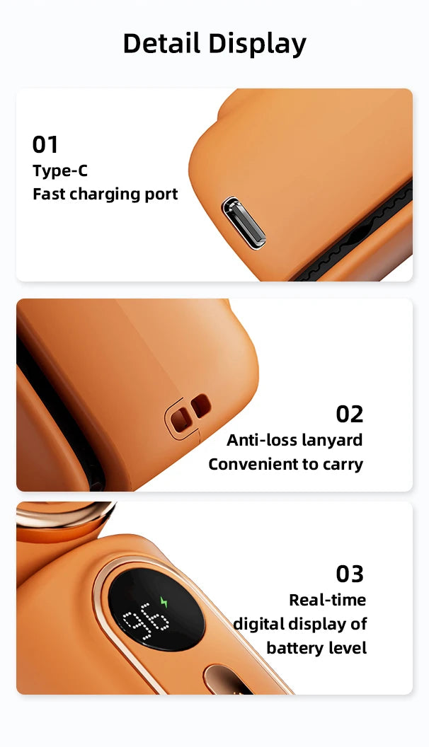Detail display showing a portable rechargeable handheld cooling fan with Type-C port, anti-loss lanyard, and real-time digita