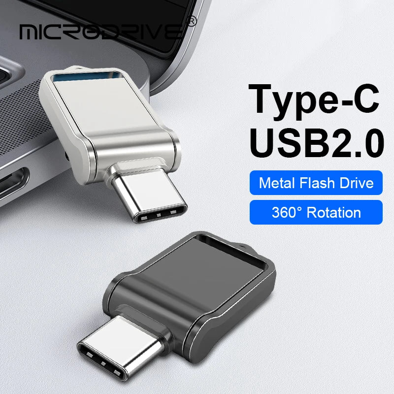 A silver metal flash drive with a Type-C connector and 360 degree rotation feature.