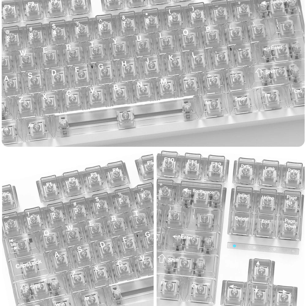 A close-up view of clear and frosted mechanical keyboard keycaps arranged in a tray.