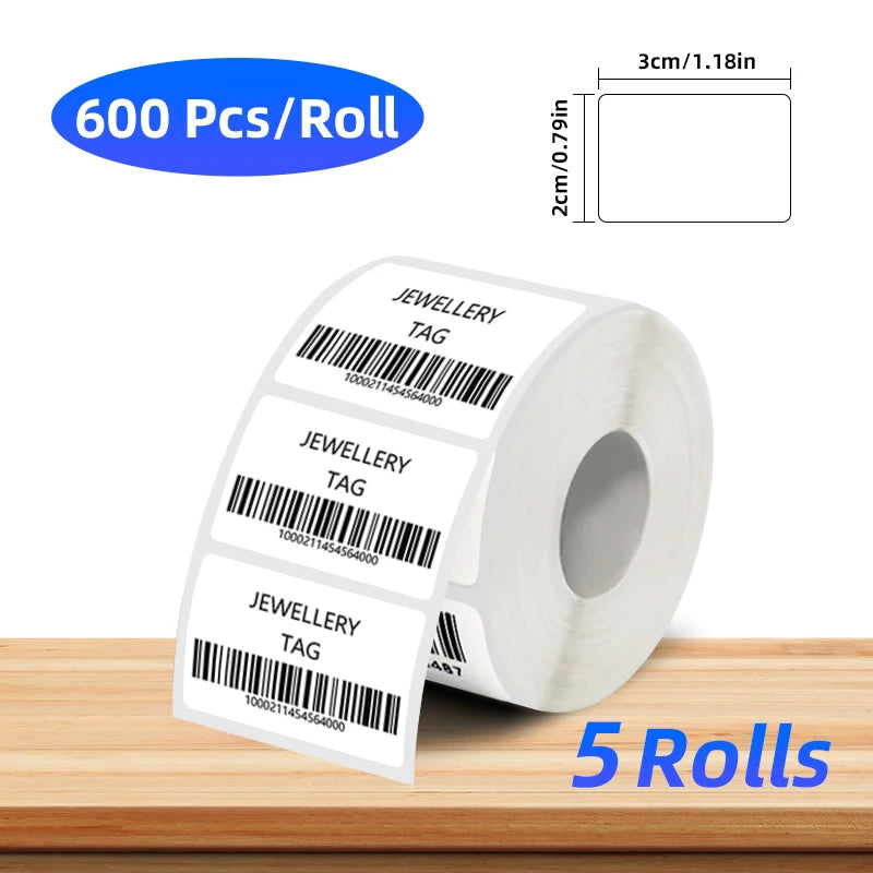 Rolle mit 600 weißen Schmuck-Tag-Thermopapier mit Maßen und Menge
