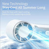 A white portable mini fan is shown with a bright blue light, emphasizing its cooling technology.