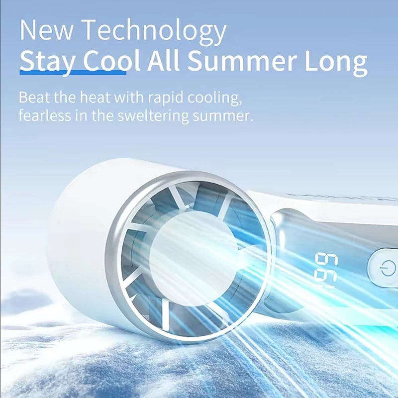 A white portable mini fan is shown with a bright blue light, emphasizing its cooling technology.