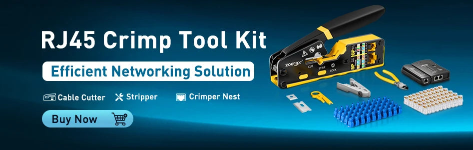 Kit de herramientas de crimpado RJ45 mostrando una red de crimpado, cortador de cables y pelador junto a conectores Ethernet