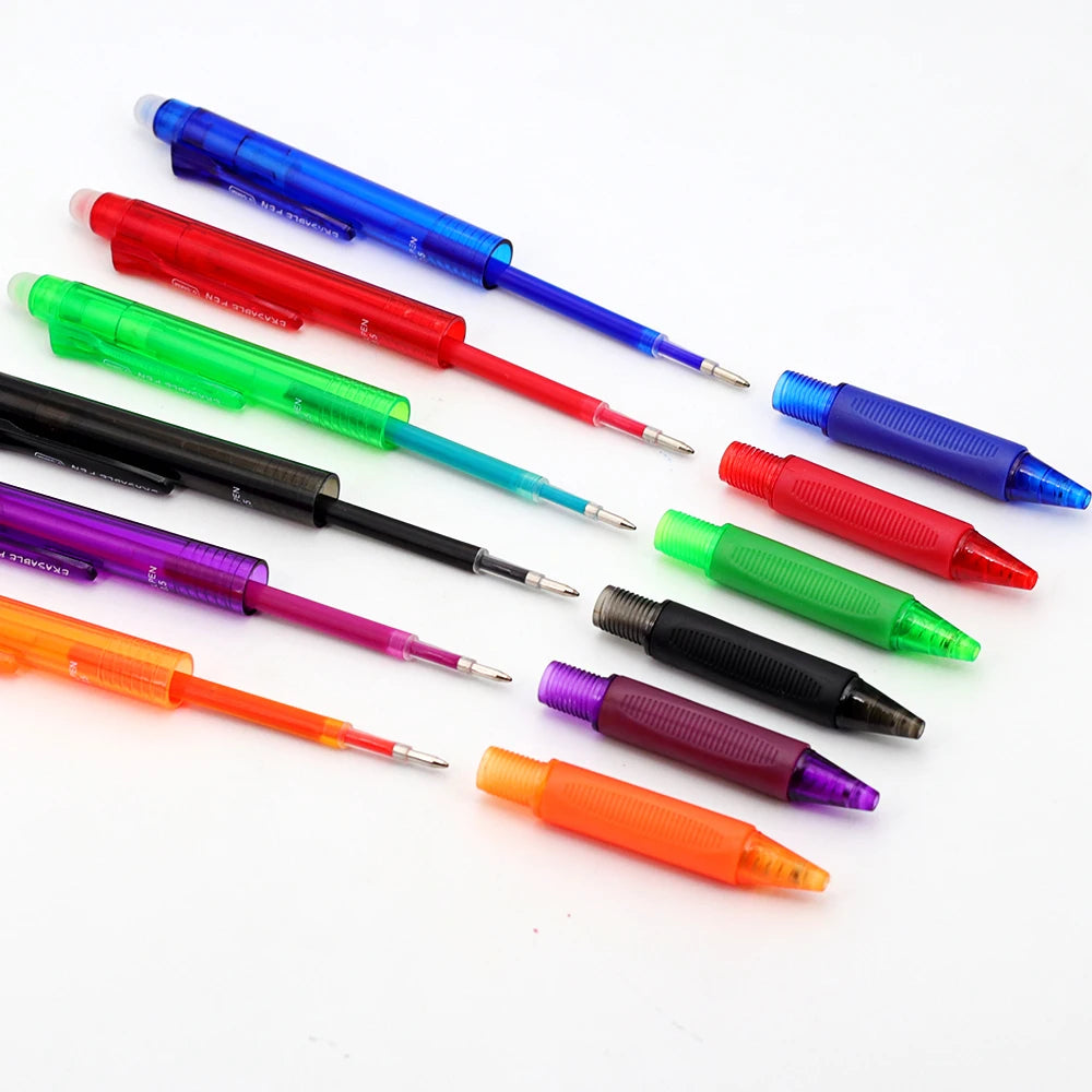 A collection of colorful gel pens in various colors including blue, red, green, purple, and orange.