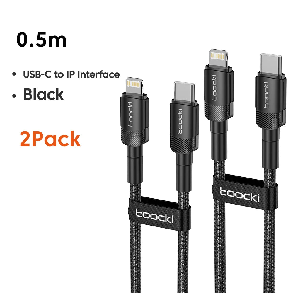 A pair of black USB-C to IP interface charging cables shown against a white background.