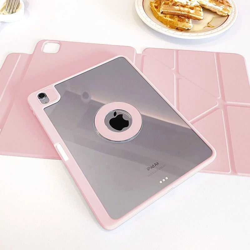 A pink magnetic protective case for an iPad Air rests on a matching pink silicone tray.