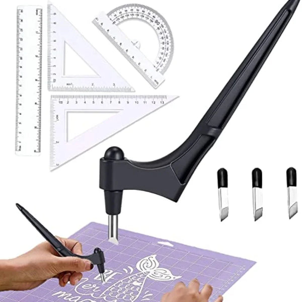 A black 360 degree rotating art cutting tool is shown with various components and a hand cutting on purple paper.