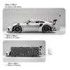 A white sports car pattern gaming mousepad shown with a corresponding large gaming mouse.