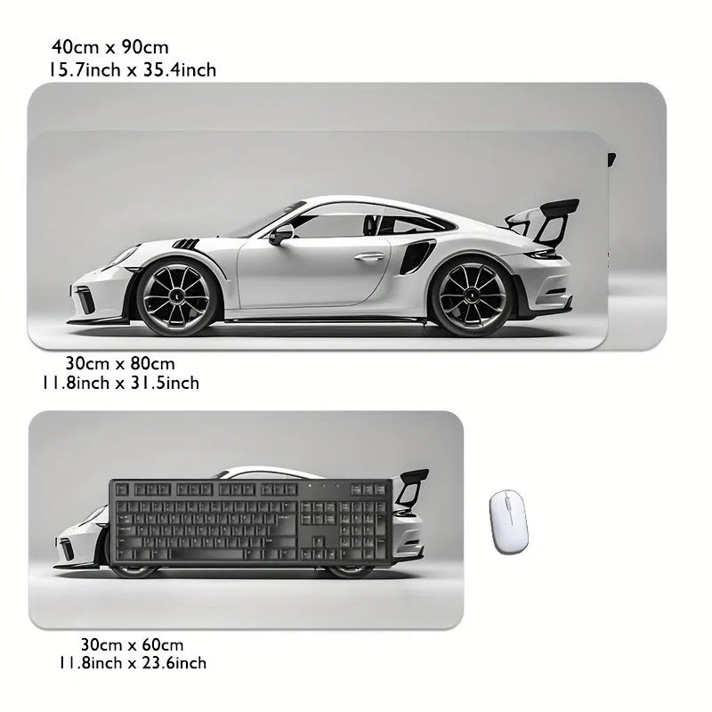 A white sports car pattern gaming mousepad shown with a corresponding large gaming mouse.