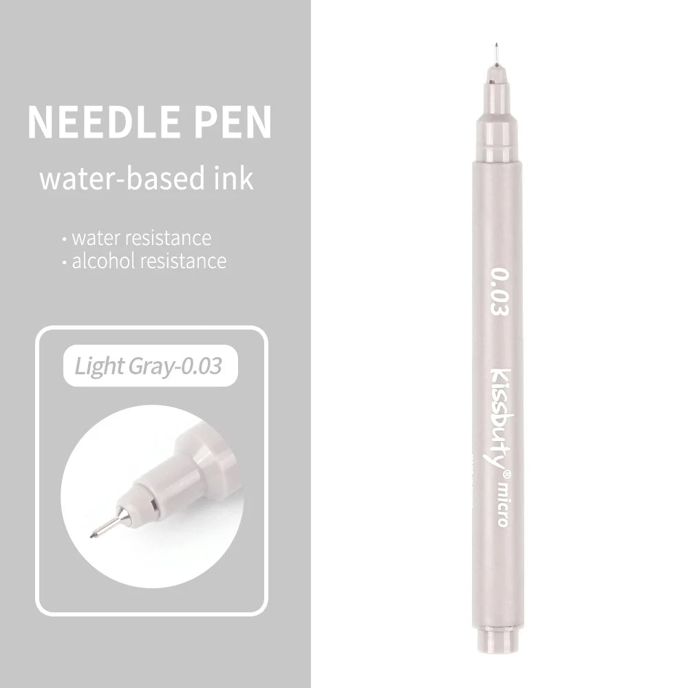 A vertical view of a light gray needle pen with a silver tip and a pink barrel, labeled 0.03.