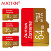 Three versions of an AUOTKN Extreme memory card showing storage capacities of 8 GB, 16 GB, and 32 GB.