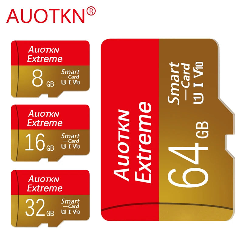 Three versions of an AUOTKN Extreme memory card showing storage capacities of 8 GB, 16 GB, and 32 GB.
