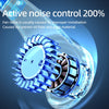 A close-up view of a blue bladeless portable neck fan with visible internal components and airflow illustration.