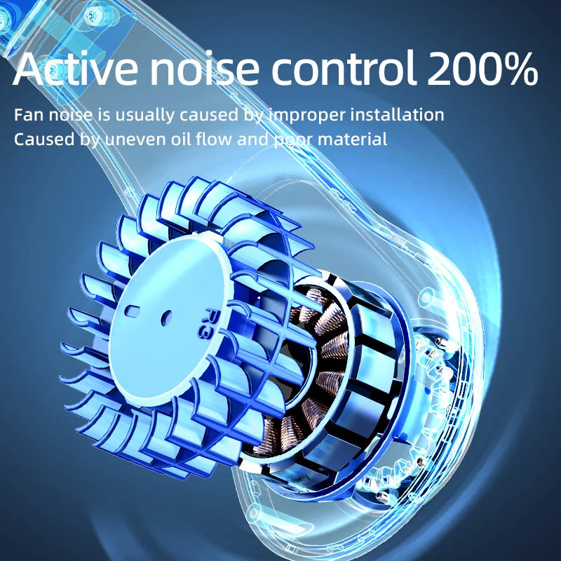 A close-up view of a blue bladeless portable neck fan with visible internal components and airflow illustration.