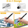 A 2-in-1 stylus pen with a disc tip and silicone tip is shown being used on a tablet screen for writing and scrolling.