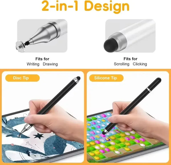 A 2-in-1 stylus pen with a disc tip and silicone tip is shown being used on a tablet screen for writing and scrolling.