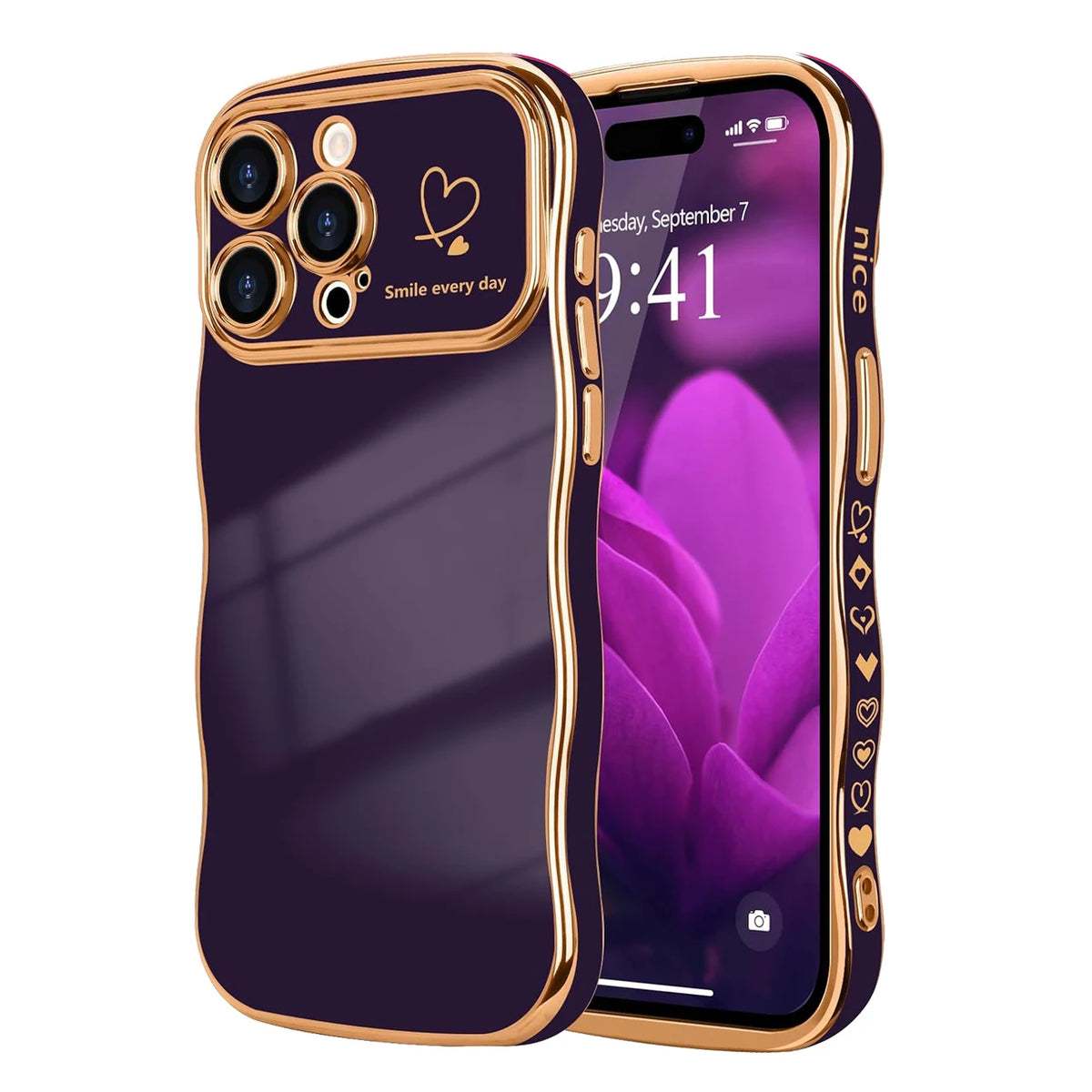 Funda de silicona morada con borde dorado protegiendo un iPhone, mostrando la hora 9:41.