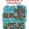 A teal acrylic hair bow featuring a leopard print design with the text Just a girl who loves Jesus