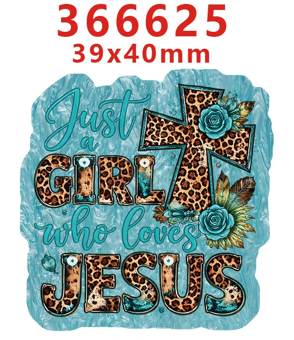A teal acrylic hair bow featuring a leopard print design with the text Just a girl who loves Jesus