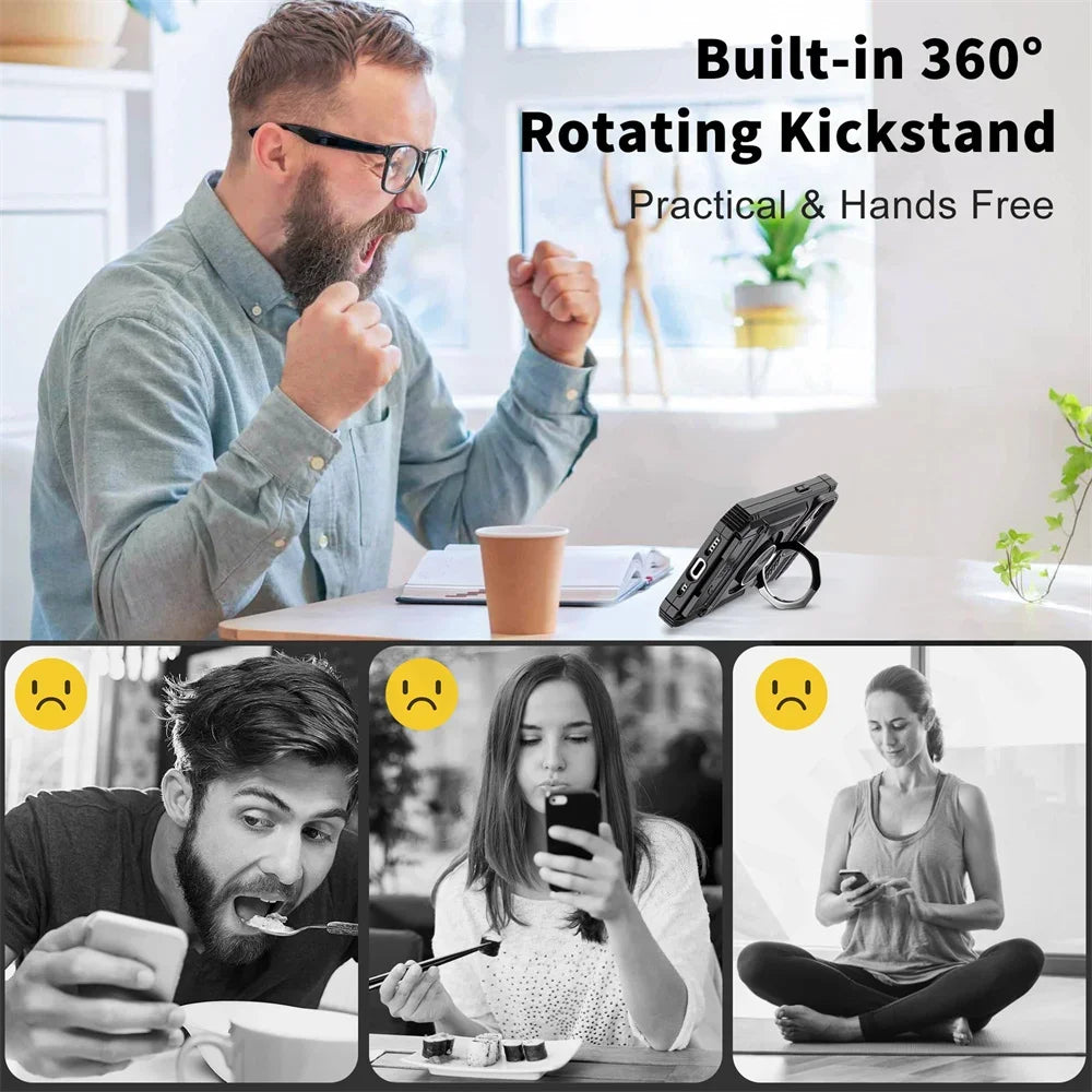 A man demonstrates a built-in 360° rotating kickstand feature on a phone case.