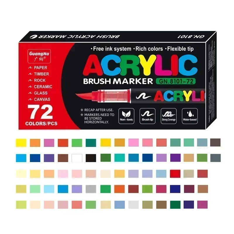 A set of 72 acrylic brush markers in various colors and tips for art and crafting.