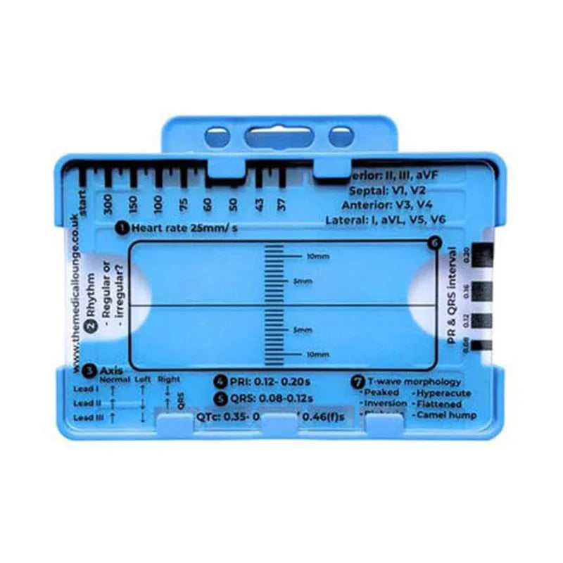 A blue 7-step ECG ruler card used for EKG interpretation showing various intervals and measurements.