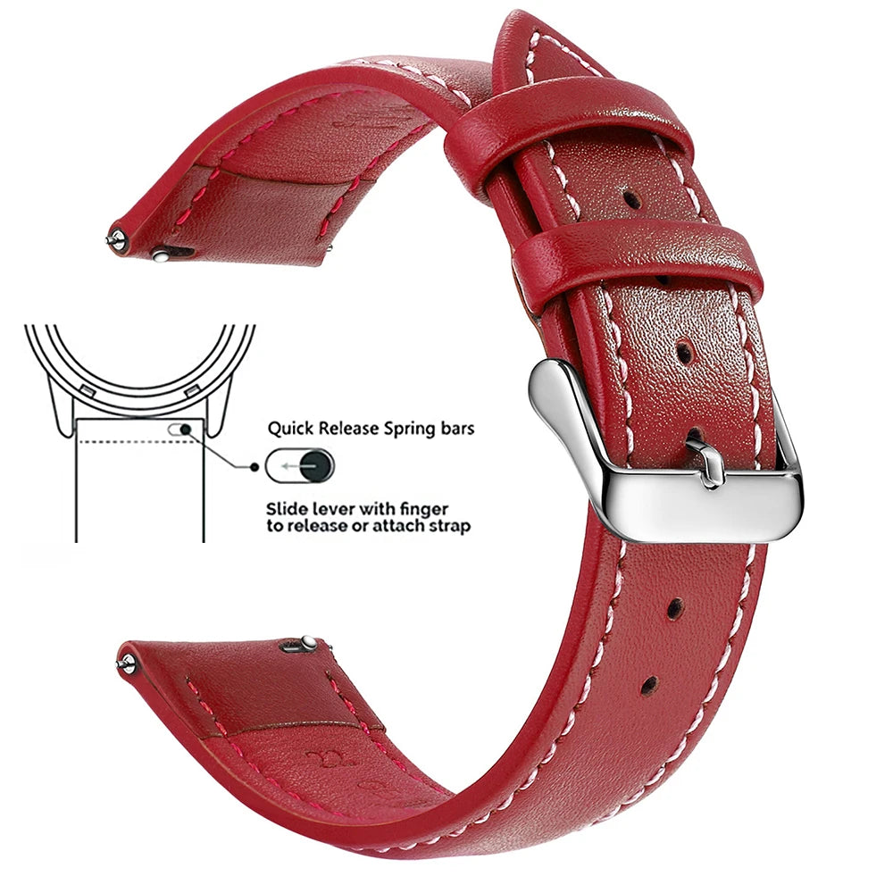 A red genuine leather watch band featuring quick release spring bars and a silver buckle.