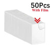 A box containing 50 clear protective card sleeves with anti-scratch film.
