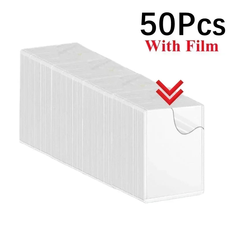 A box containing 50 clear protective card sleeves with anti-scratch film.