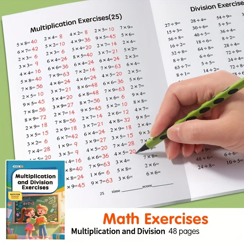 Página de un libro de ejercicios de matemáticas con problemas de multiplicación y división.