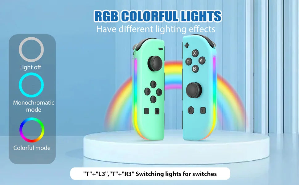 Two colorful RGB lights are shown on Joy-Con controllers demonstrating different lighting modes.