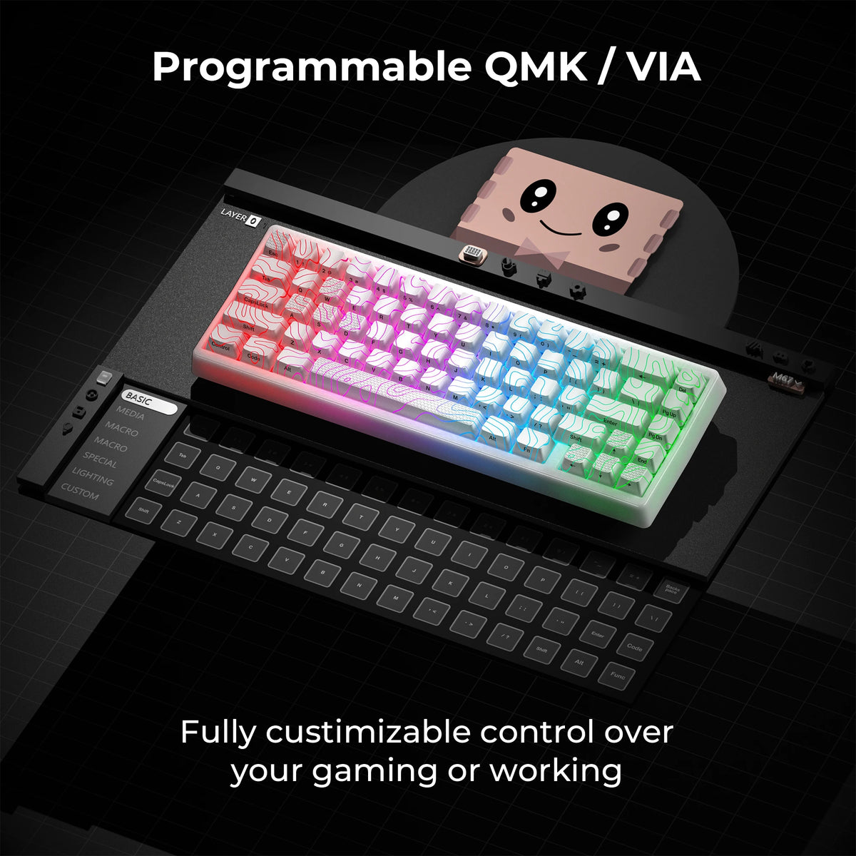 A close-up view of a programmable QMK/VIA mechanical keyboard with RGB lighting and a pink mousepad in the background.