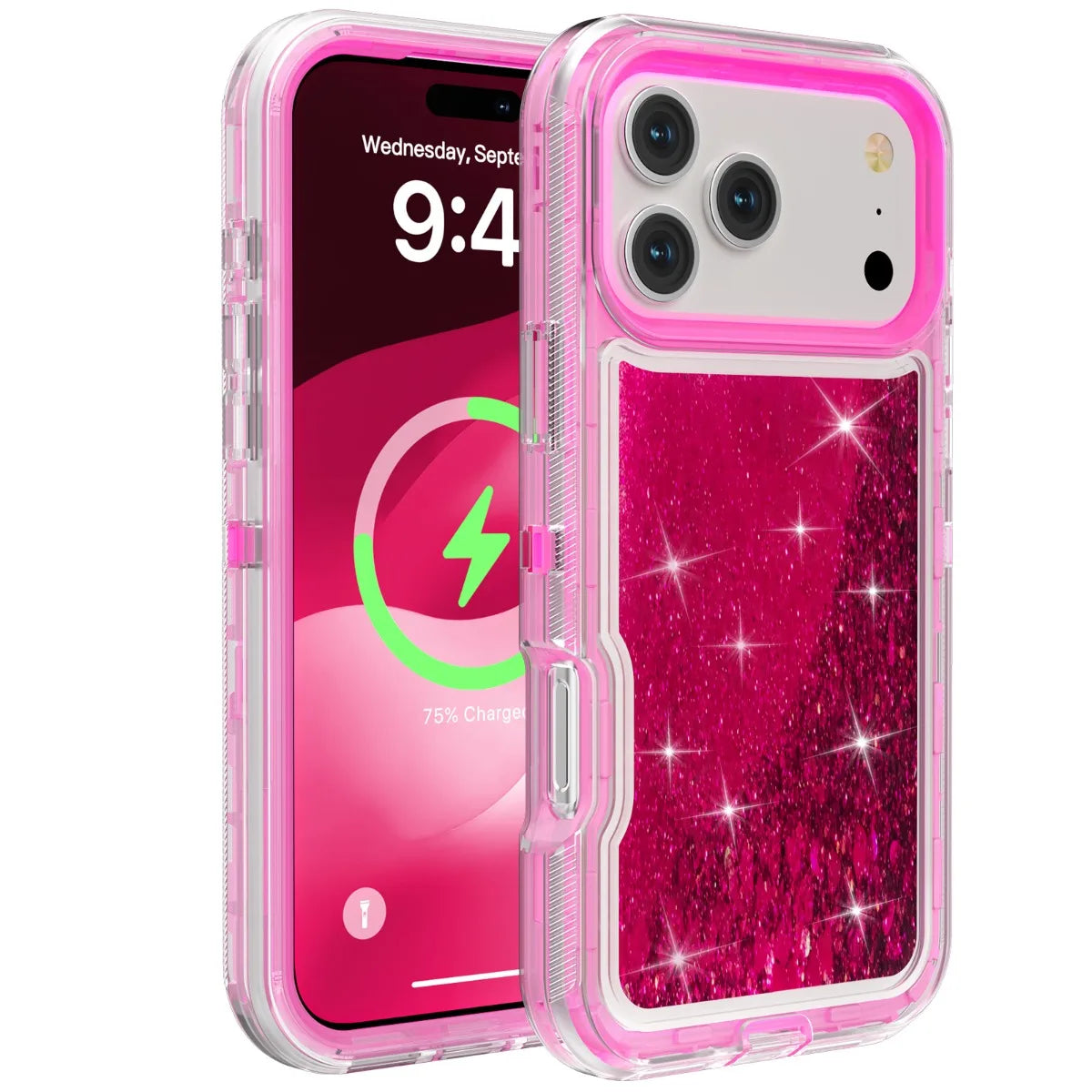 A clear pink glitter liquid phone case protecting a smartphone displaying a time of 9:40.