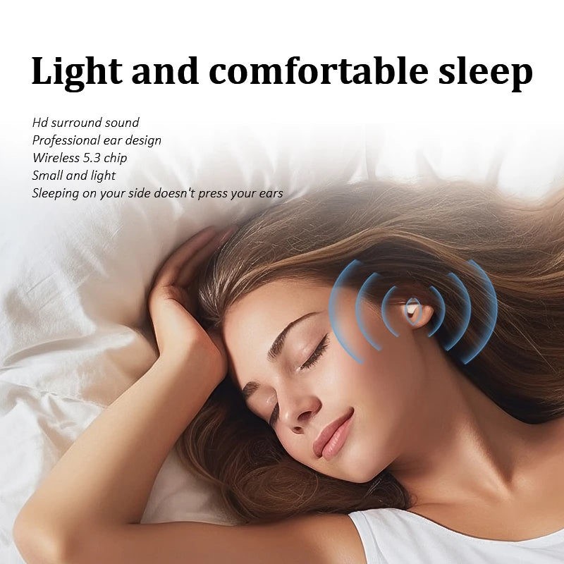 A woman is sleeping comfortably with mini Bluetooth earphones placed in her ear.