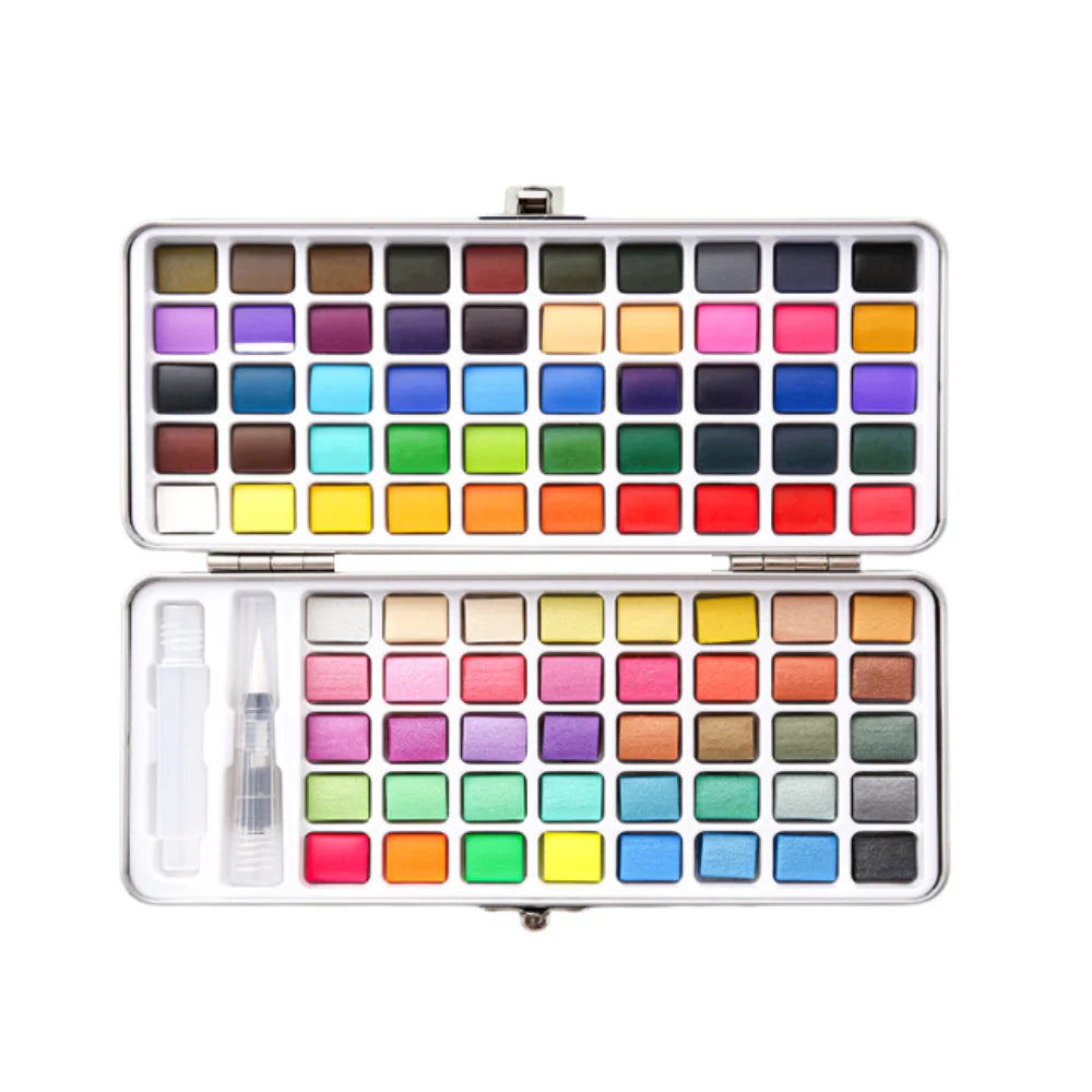 A palette of solid watercolor paints in various colors arranged in a rectangular case.