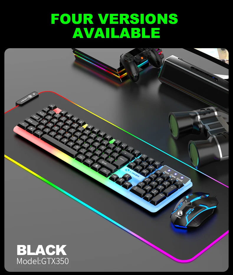 Black GTX350 RGB backlit keyboard and mouse combo displayed on a dark surface.