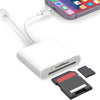 Adaptador digital universal blanco con cable y tarjeta de almacenamiento negra junto a un iPhone.