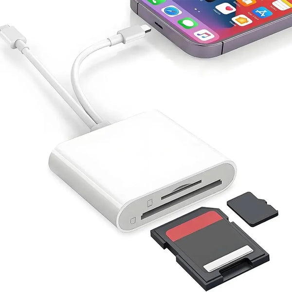 A white universal digital camera adapter with a cable and a black storage card is shown next to an iPhone.
