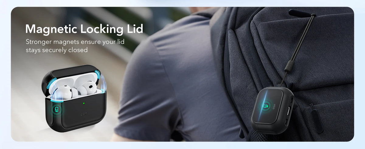 A magnetic locking lid case for AirPods Pro is shown being used on a person's shoulder.