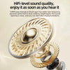 Close-up view of a gold and silver HiFi-level sound diaphragm component for wireless earbuds.