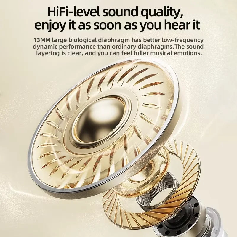 Close-up view of a gold and silver HiFi-level sound diaphragm component for wireless earbuds.