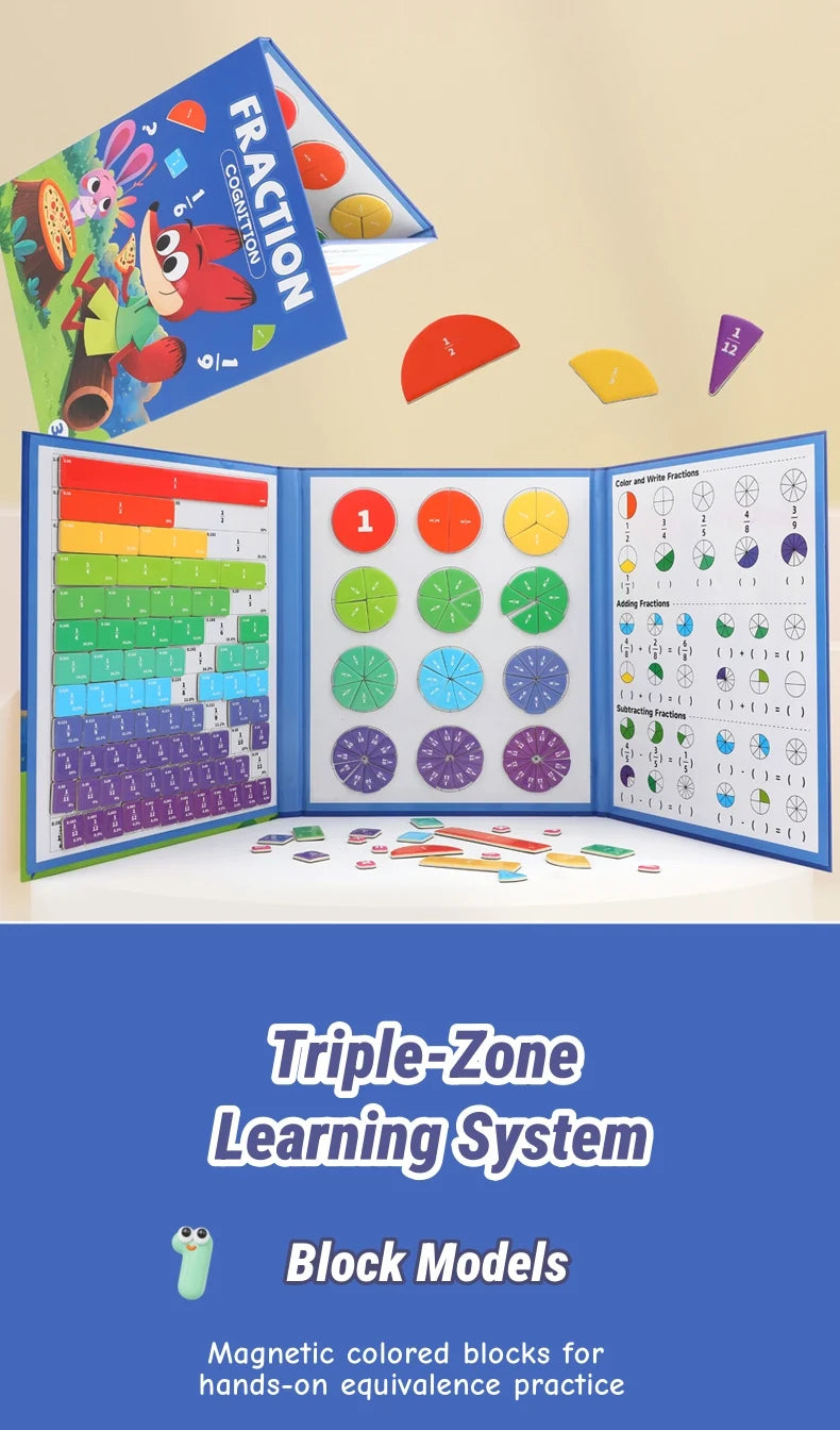 A set of magnetic colored blocks for hands-on fraction equivalence practice, including a fraction teaching system and block m