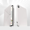 A white magnetic protective case for an Apple iPad is shown in a folded and open view.