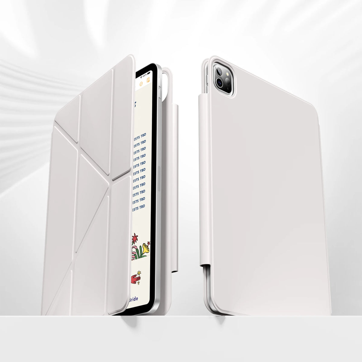 A white magnetic protective case for an Apple iPad is shown in a folded and open view.