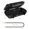 A black portable combination lock box with a lid, showing its dimensions and a separate cable.