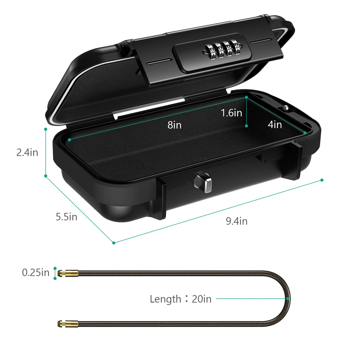 A black portable combination lock box with a lid, showing its dimensions and a separate cable.